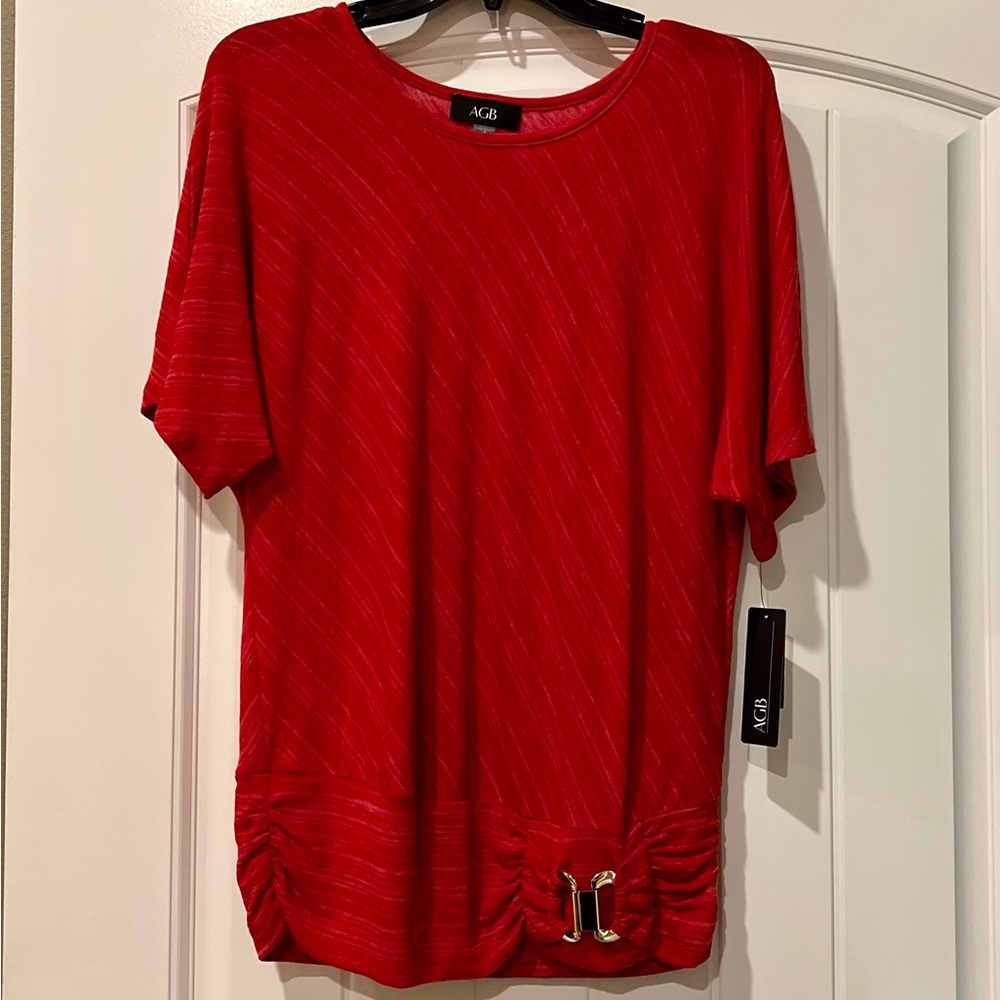 AGB Red striped short sleeve sweater, gold buckle detail, size L